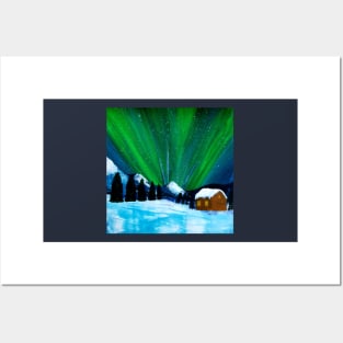 Aurora Borealis Snow Cabin Landscape Posters and Art